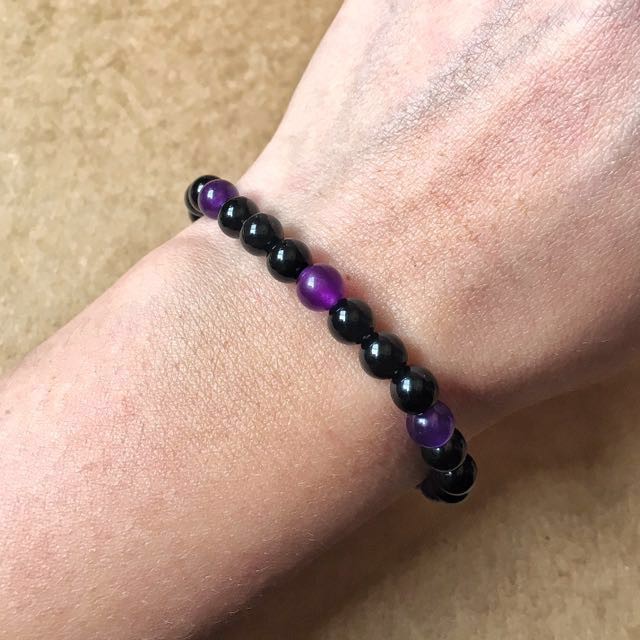 🌙黑瑪瑙&紫玉髓手鏈。Black Agate & Purple Chalcedony Bracelet:圖片 3