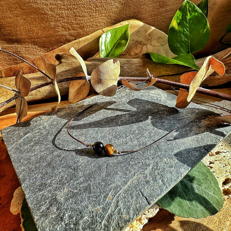 🇧🇷「落實信念」黑瑪瑙黃虎眼防水蠟繩項鍊。Black Agate & Tigerite Stone Necklace