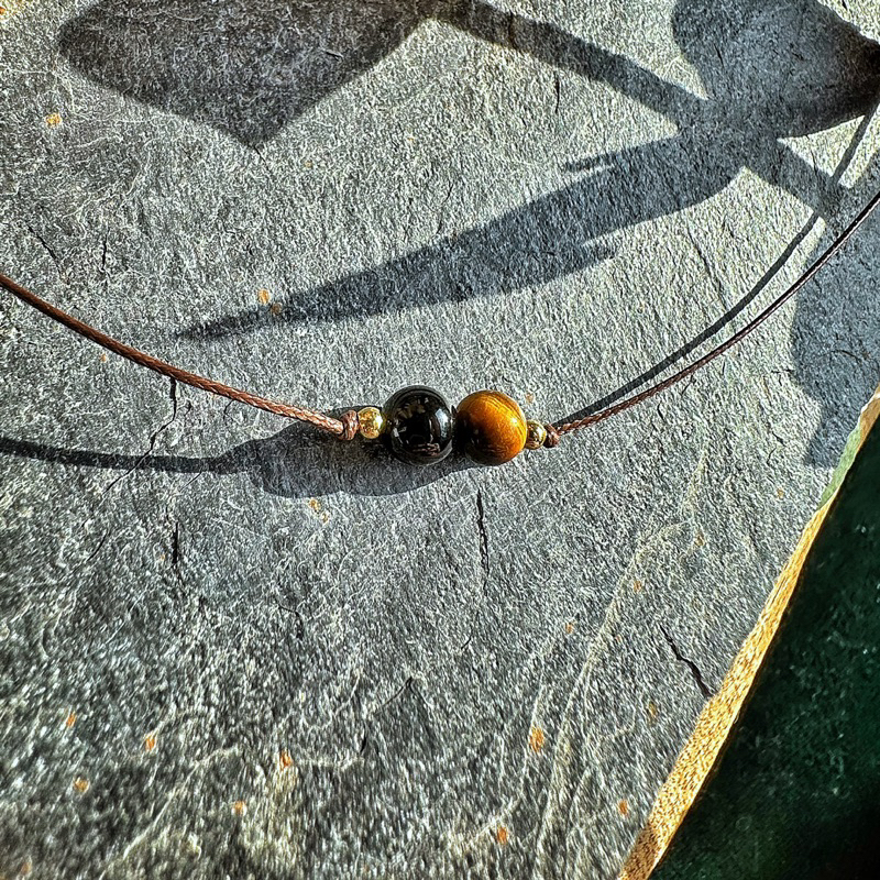🇧🇷「落實信念」黑瑪瑙黃虎眼防水蠟繩項鍊。Black Agate & Tigerite Stone Necklace:圖片 2